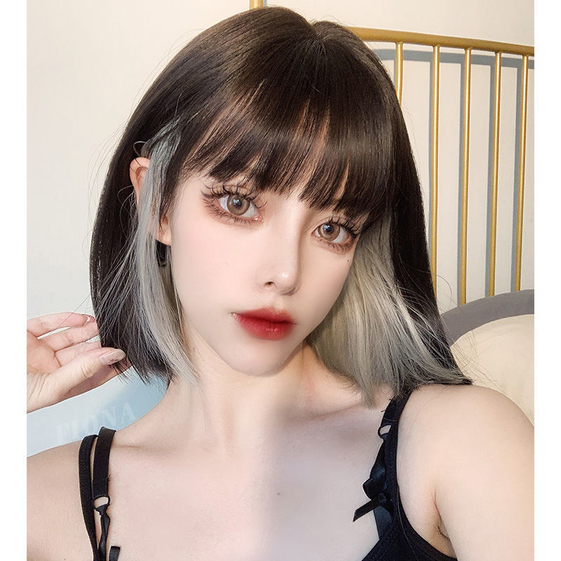 Short Wig for Women with Ear-Hanging Dyed Collarbone-Length Hair, Realistic Human Hair Full Head Wig, Lisa Hairstyle with Collarbone Dye