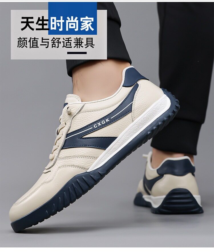 Giày thể thao nam da mềm đế mềm thoáng khí phối sọc, kiểu sneaker cổ thấp — màu trắng ngà, đen, Lớp đầu màu be 6002, Đen đầu lớp 6002 chi tiết 6