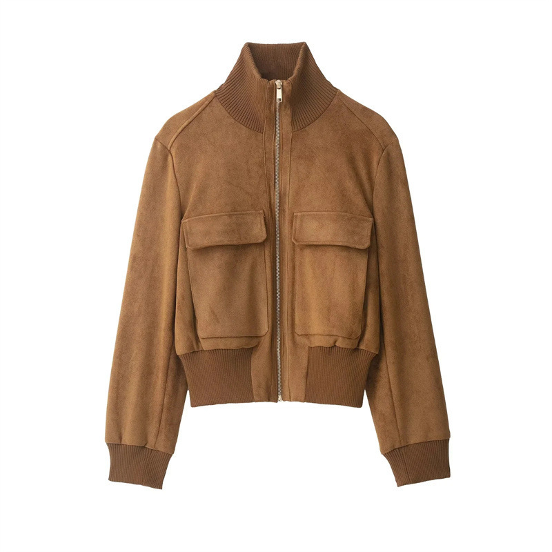 European and American style fashionable versatile ribbed stand-up collar bomber jacket, new autumn loose slimming casual top European and American style fashionable versatile ribbed stand-up collar bomber jacket, new autumn loose slimming casual top