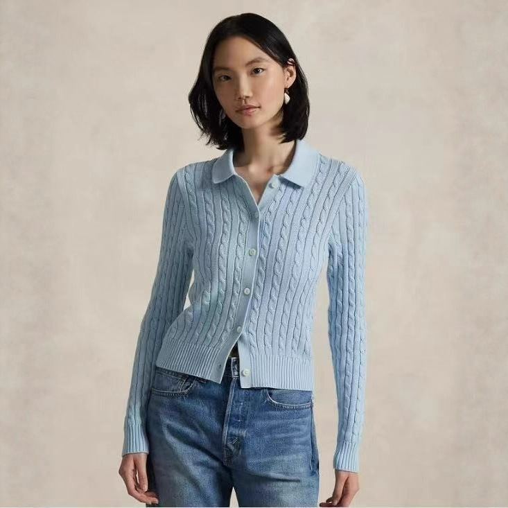 2025 New Blue Long-Sleeved V-Neck Knitwear Work Clothing Spring Twisted Rope Fine Needle Lapel Long-Sleeved Cardigan Women's Clothing 2025 New Blue Long-Sleeved V-Neck Knitwear Work Clothing Spring Twisted Rope Fine Needle Lapel Long-Sleeved Cardigan Women's Clothing