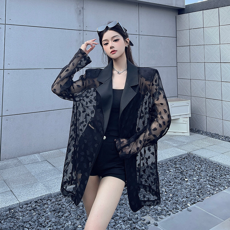 High-End Lace Splicing Shoulder Pad Suit for Women 2025 Summer New Style Cut Out Air Quality Versatile Slim Suit Jacket
