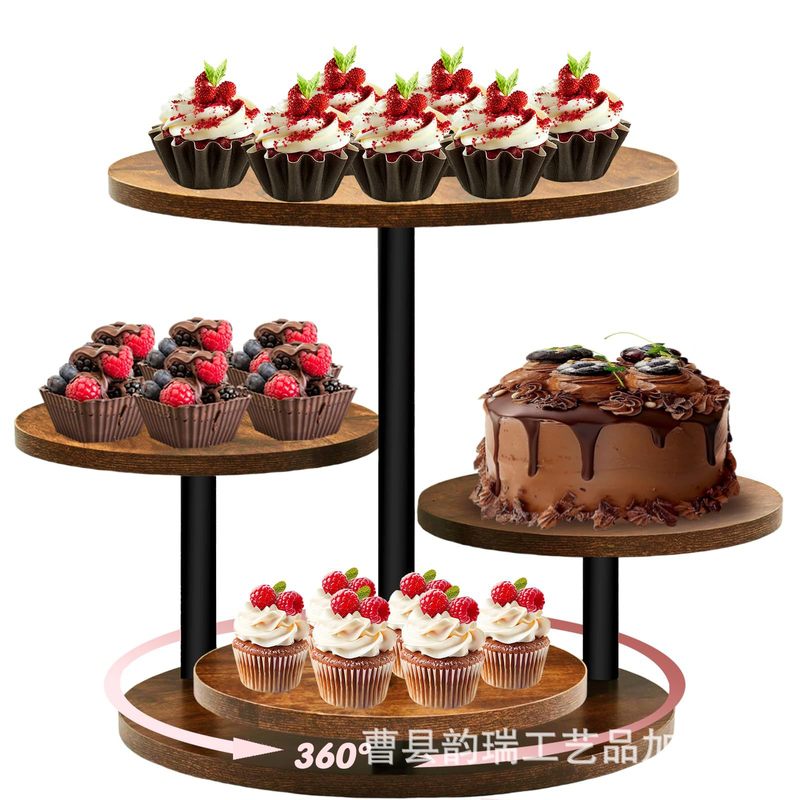 Wooden 4-Layer Cupcake Tower 360 ° Rotatable Round Dessert Storage Rack Wedding Birthday Tea Party Rack