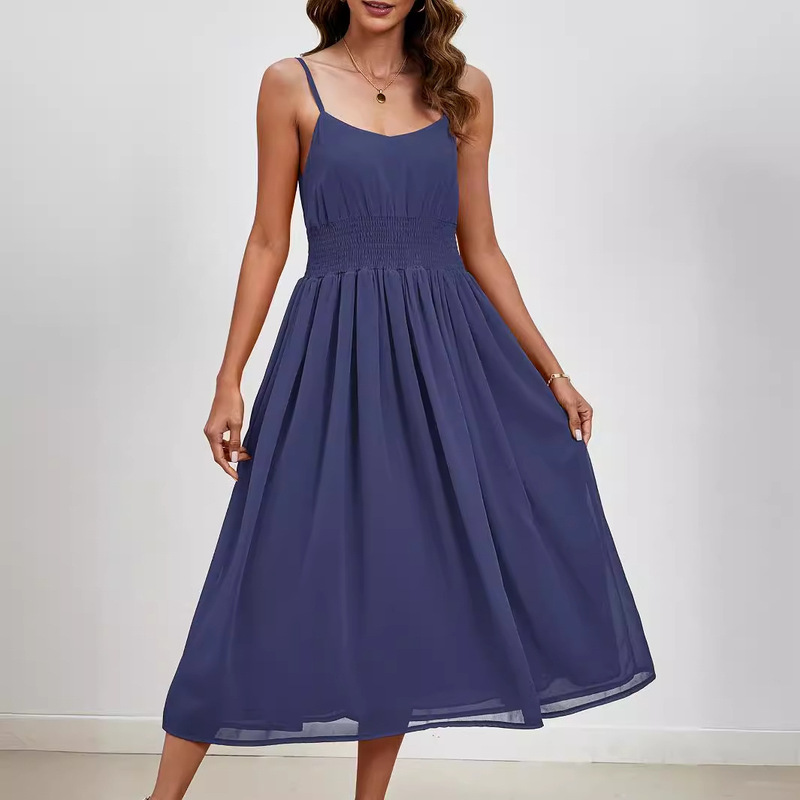 Cross-Border 2025 Amazon New Chiffon Dress V-Neck Ruched Strap Long Dress Wedding Guest Dress