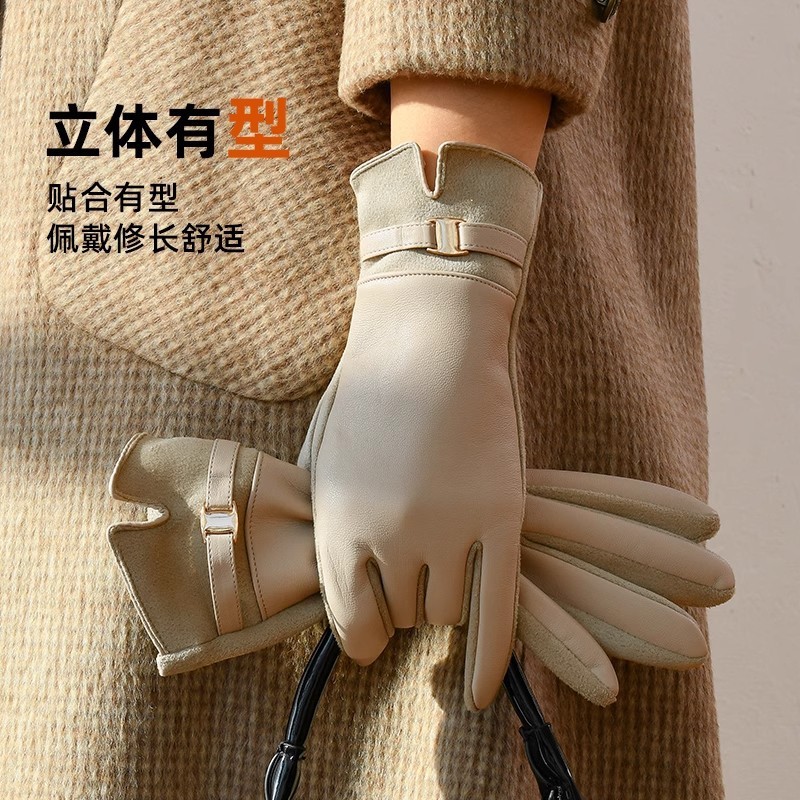 2025新款皮手套女冬季保暖加绒加厚触屏冬天开车分指手套跨境|undefined