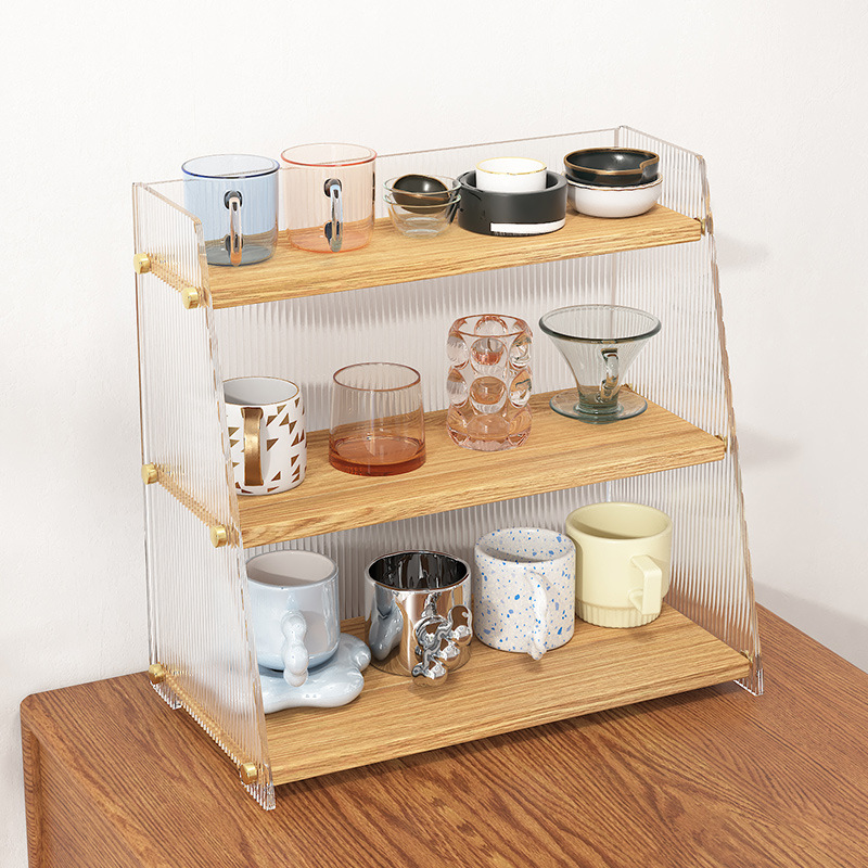 Nuevo estante de almacenamiento de aperitivos y tazas de cosméticos de escritorio acrílico simple, compartimento multicapa multiusos a prueba de polvo y humedad