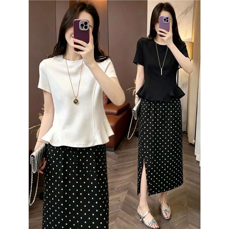 Round Neck Ruffled Short-Sleeved T-Shirt Paired with Acetate Polka Dot Skirt Set, 2026 Super Hot Summer Outfit Complete Set Round Neck Ruffled Short-Sleeved T-Shirt Paired with Acetate Polka Dot Skirt Set, 2026 Super Hot Summer Outfit Complete Set