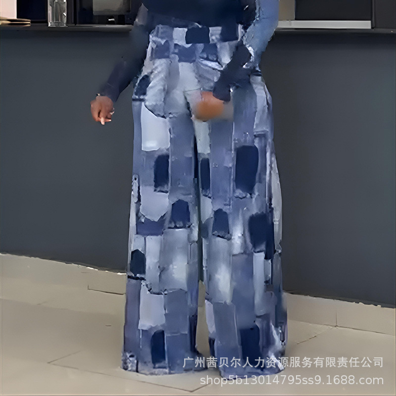 LZR19638仿牛仔拼色马甲套装+长袖网纱紧身上衣+阔腿长裤 三件套|undefined