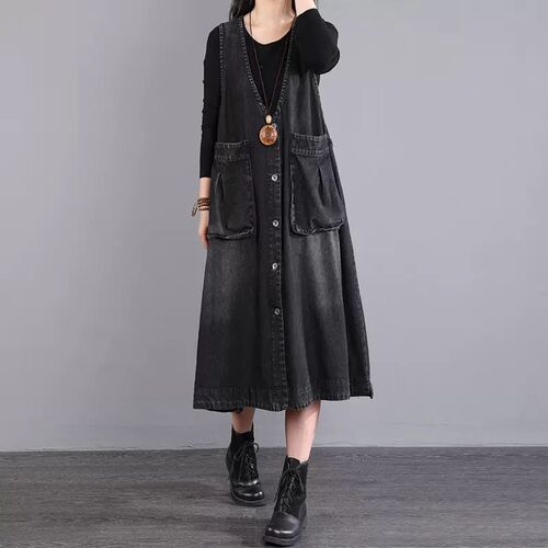 Large size denim vest dress, medium and long spring dress, Korean trend and fashionable large pocket horse clip strap dress