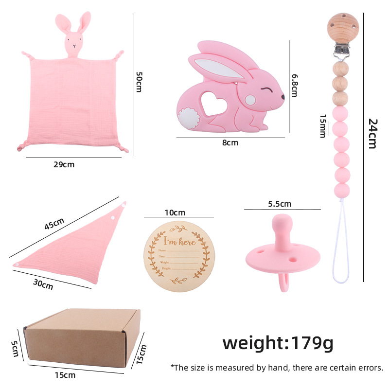 Nuevo bebé suministros de dibujos animados conejo toalla calmante bebé creativo silicona chupete cadena mordedor juguete conjunto de seis piezas