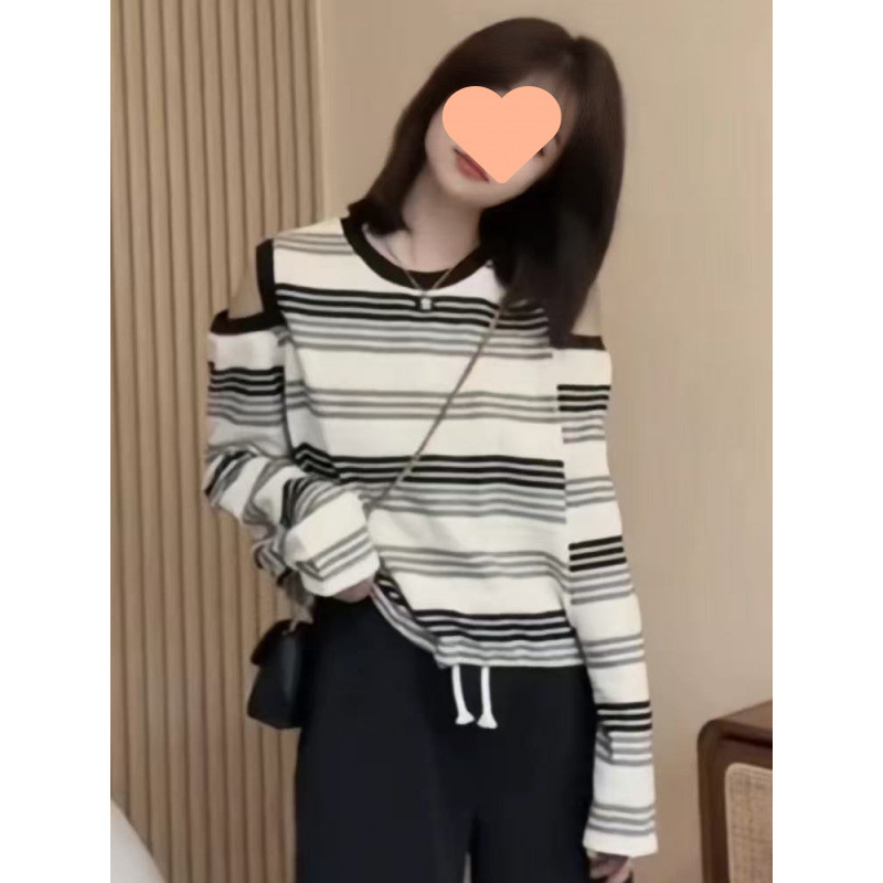 条纹露肩长袖T恤女2025新款爆款早秋季设计感独特漂亮超好看上衣|undefined