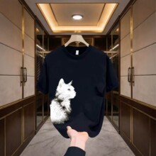 美式潮牌猫咪印花宽松短袖T恤男女同款设计感圆领上衣服重磅220g