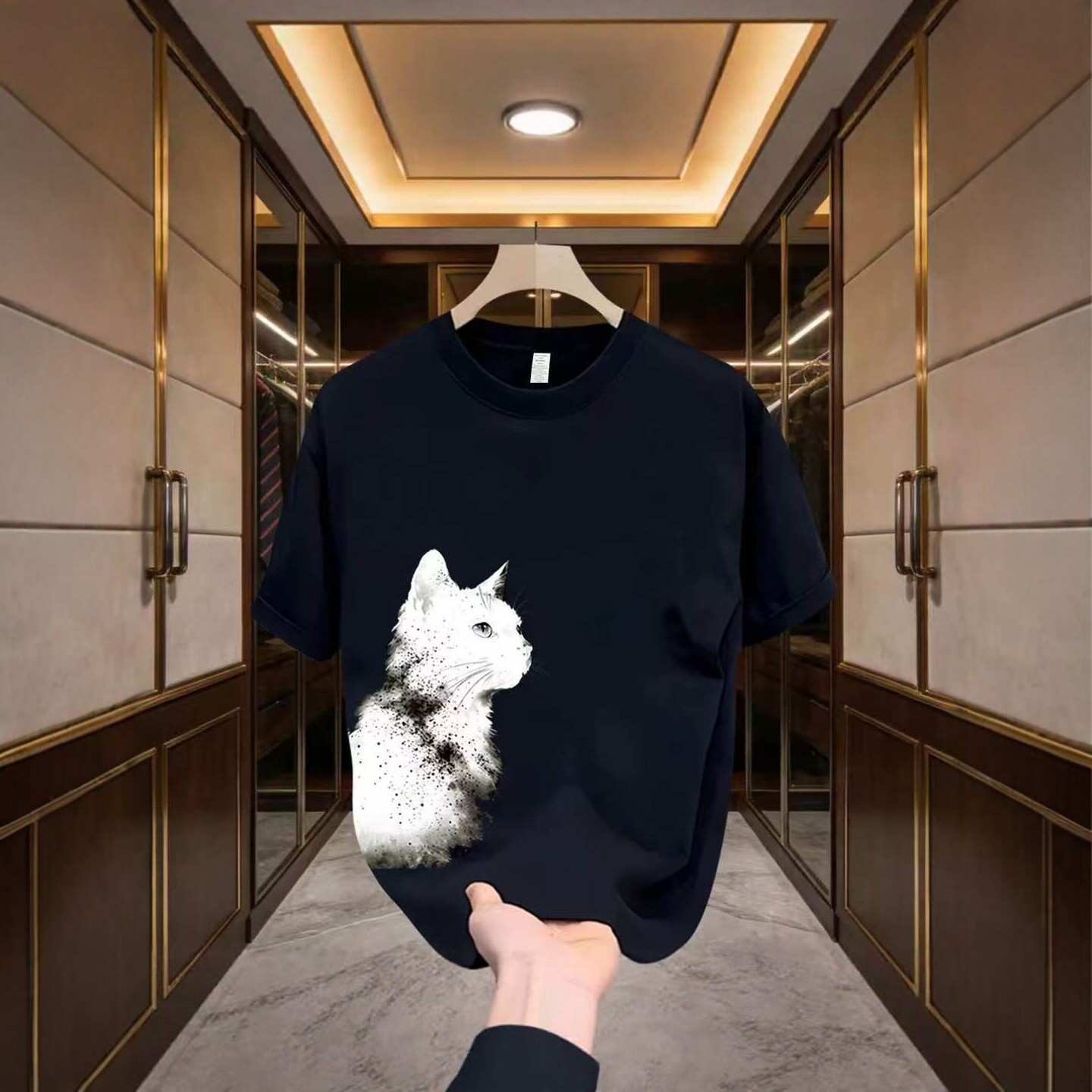 美式潮牌猫咪印花宽松短袖T恤男女同款设计感圆领上衣服重磅220g