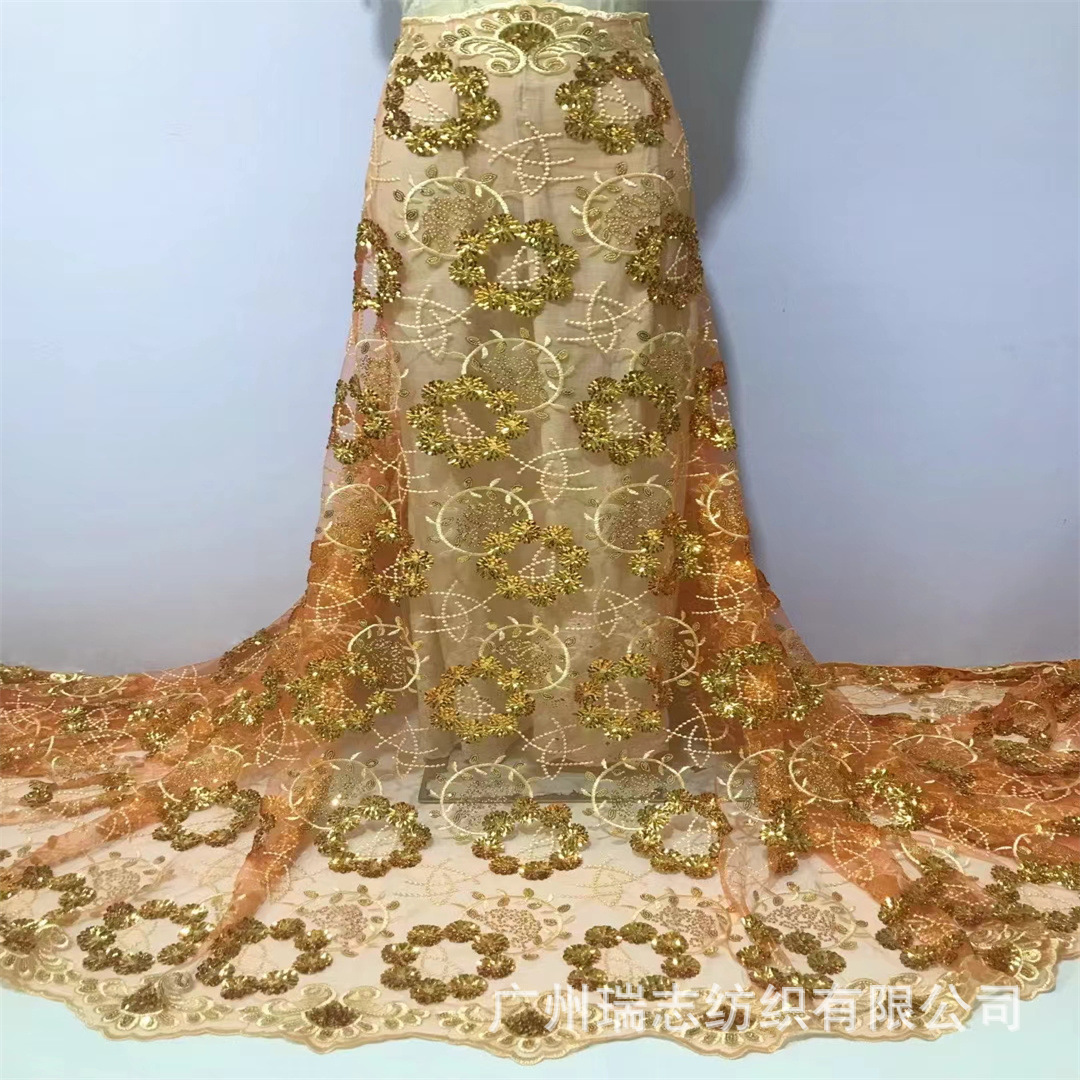 Sequins lace laminación de gran flor posicionamiento patrón de malla de hilo de bordado sequinilla perspectiva desfile vestido de prom tela