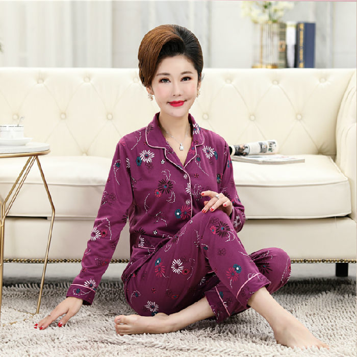 [Plus size] mamá de mediana edad y ancianos pijamas de manga larga de las mujeres de edad avanzada primavera y otoño ropa de hogar traje de Cardigan de verano