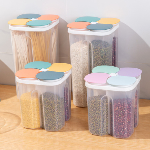 Transparent grain storage jar 4 compartments storage jar with lid food grade kitchen plastic jar flip lid bean sealed jar