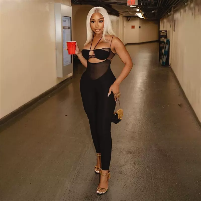 欧美风2024夏季女装新款性感镂空透视挂脖高腰紧身针织连体长裤女