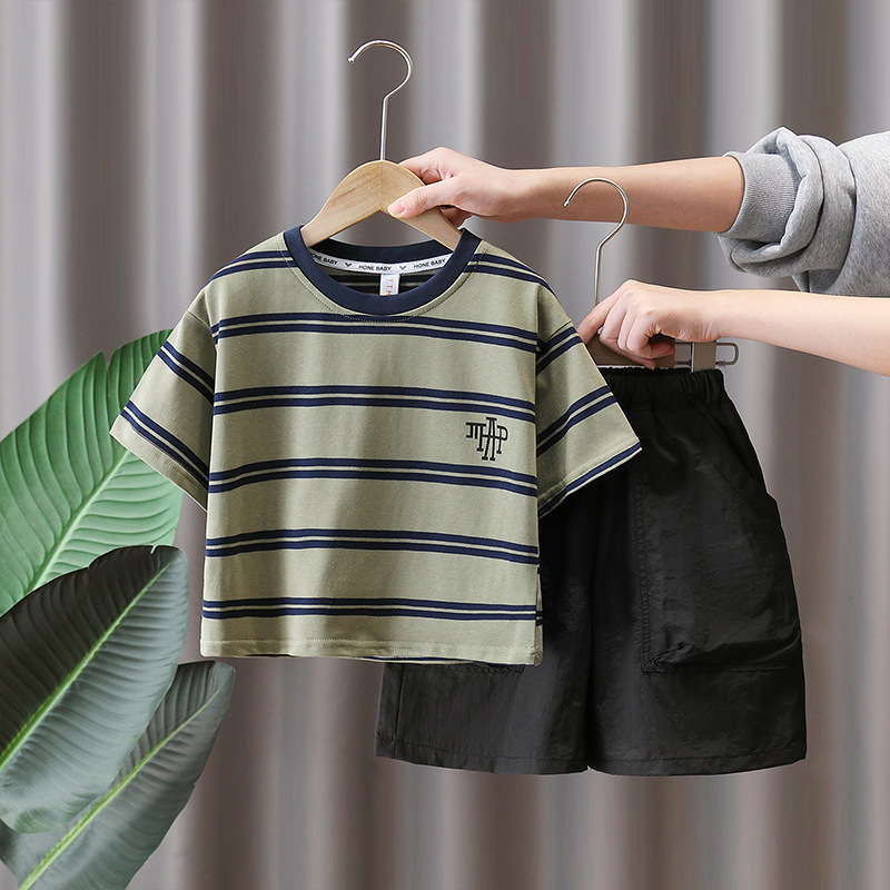 7161 Traje de manga corta a rayas para niños Traje fino de verano para niños 2025 Nuevo vestido de verano para bebés Ropa de dos piezas