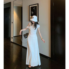 Ouyang ニットスカート女性の夏のハイウエストスリム A ラインスカートレトロスリットミッドレングススカートスーツ