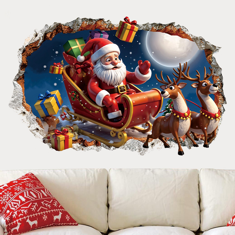 Christmas 3D Decoration For Living Room, PVC Self-Adhesive Santa Claus And Reindeer Holiday Wall Stickers_voghion.com