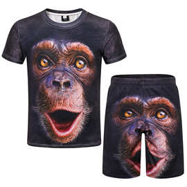 2023速卖通亚马逊3D数码印花动物猴子脸男士T恤健身弹性短袖套装