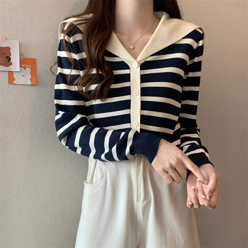 Navy collar blue striped knitted cardigan women's spring and autumn 2025 new contrast color v-neck thin long sleeve jacket top