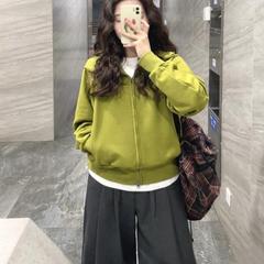韩系绿色开春卫衣外套女秋季新款慵懒风复古宽松拉链连帽开衫上衣