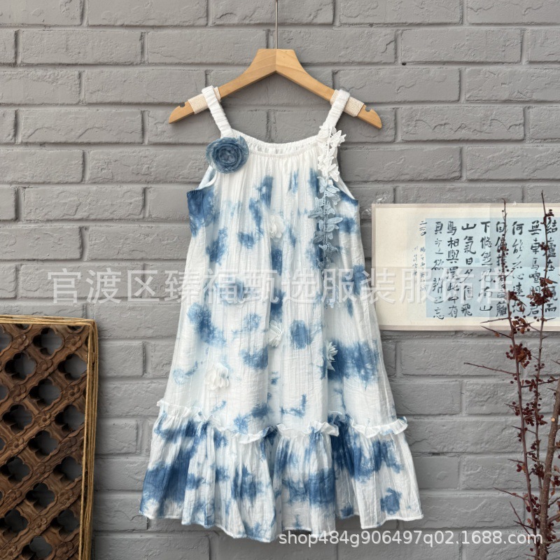 White Ethnic Handmade Tie-Dye Blue-Dyed Girls' Dress Cute Children's Dress with Elastic Shoulder Straps Children's Spaghetti Strap Dress with a Large Hem
