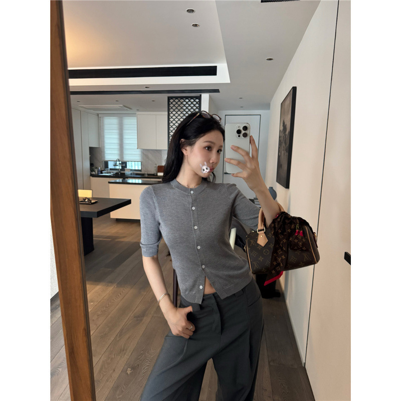 忆可达 温柔韩系天丝羊毛中袖圆领针织开衫女显瘦中袖短款上衣|undefined