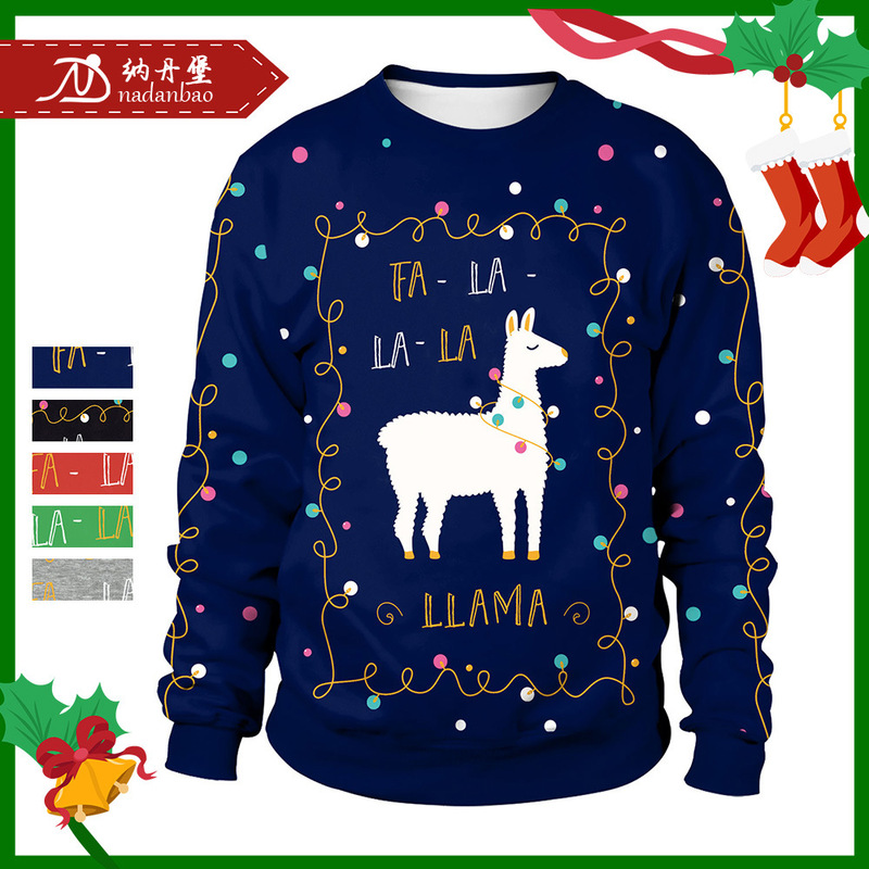 2024 Spring Digital Printed European and American Clothing New Christmas Cross-Border Spot Cute Alpaca Printed Round Neck Sweatshirt