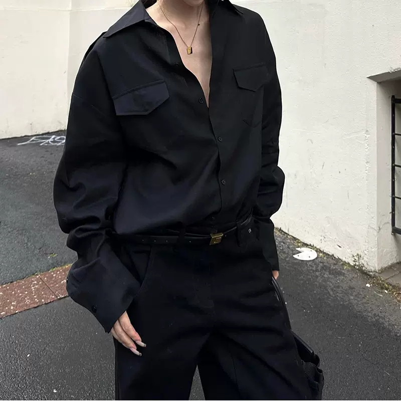 0122ste暗线精英 黑色天丝衬衫女辣妹宽松慵懒显瘦长袖外套2025秋