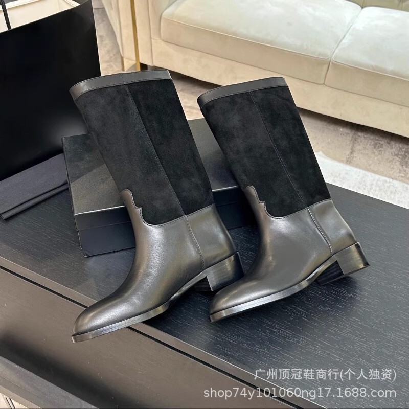 高版小香2025秋冬新款真皮底拼色粗跟圆头平底麂皮中筒马丁短靴女|undefined