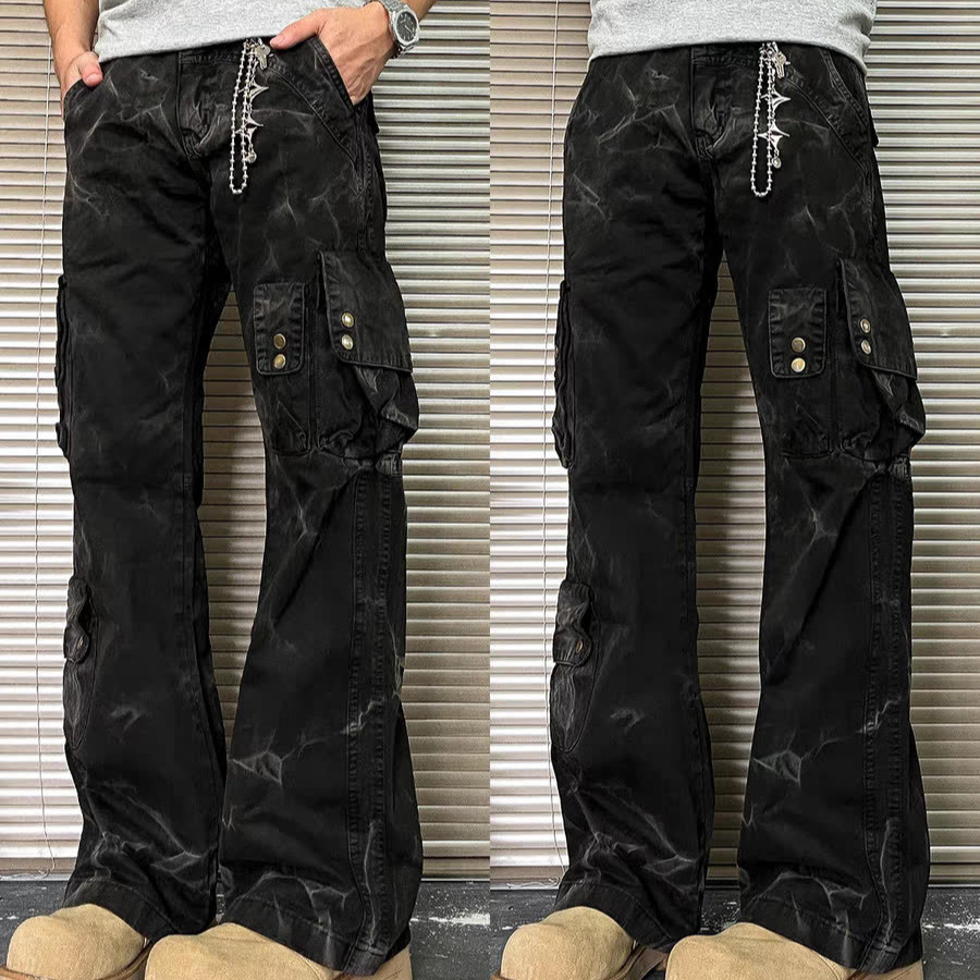 American Style Retro Heavy Tie-Dye Multi-Pocket Jeans Men's High Street dirtyfit Micro-Lazarus Casual Straight Crane Pants