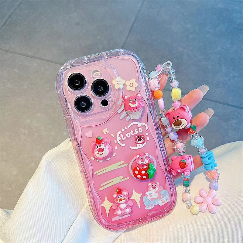 Strawberry Bear 3D Apple 17 Pro Max Phone Case Cartoon Transparent Handmade Pink Doll 16 Pro Cute Soft