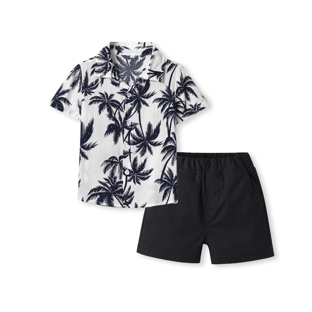 夏威夷儿童衬衫套装夏季休闲短袖衬衣松紧带短裤男童花衬衫两件套