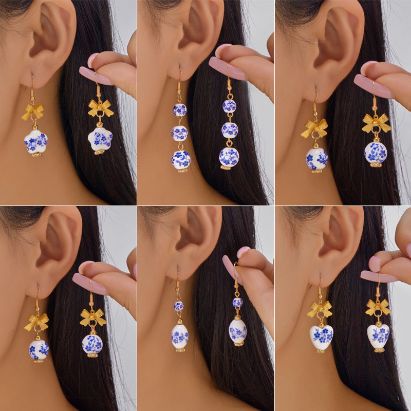 Blue and White Porcelain Bow, Simple Style, Women's Pendant Jewelry, Light Luxury Style, New Tassel Earrings, Cross-Border New Style