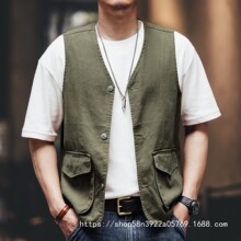 2025春秋季美式工装牛仔马甲男迷彩宽松户外无袖坎肩背心外套休闲