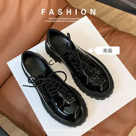香港真皮厚底小皮鞋女英伦风2024春季新款圆头漆皮单鞋黑色软底鞋