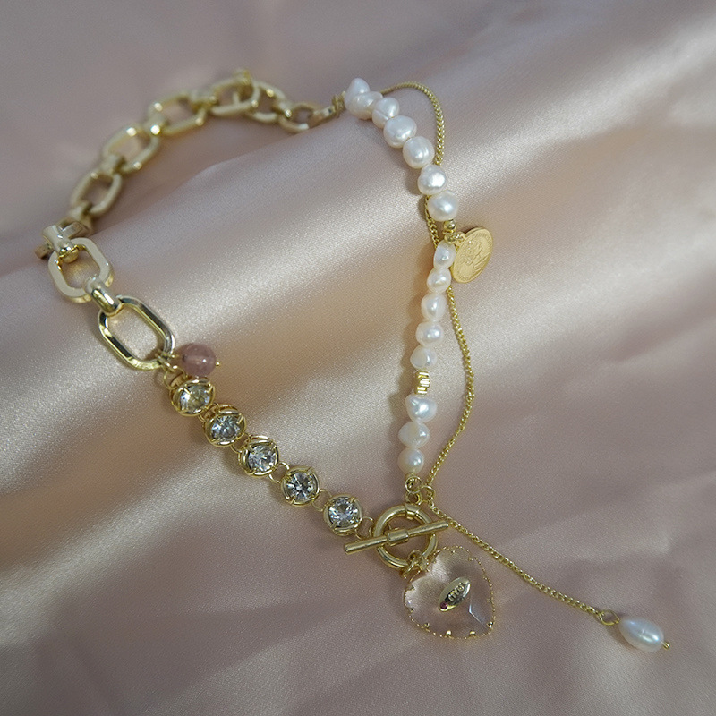 38g Weight 14K Gold Plated Plating Material Glass Pendant Material Necklace Classification Copper Chain Material 1 Piece Quantity Casual Occasion Freshwater Pearl Material Heart Shape Pattern Women's Gender Plating Design Fairy Style Style Fairy Style Heart Shape Freshwater Pearl Plating 14K Gold Plated Women's Necklace 3
