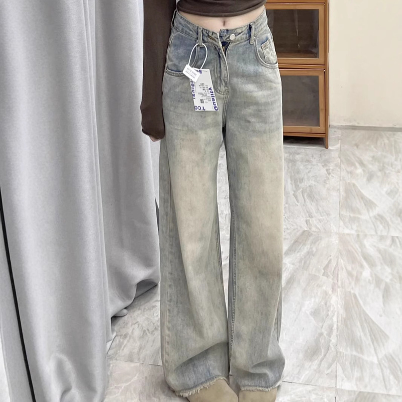 Vintage Distressed Versatile Jeans 2025 Spring and Autumn New Loose Slimming Raw Hem Straight Simple Wide-Leg Floor-Length Pants Vintage Distressed Versatile Jeans 2025 Spring and Autumn New Loose Slimming Raw Hem Straight Simple Wide-Leg Floor-Length Pants