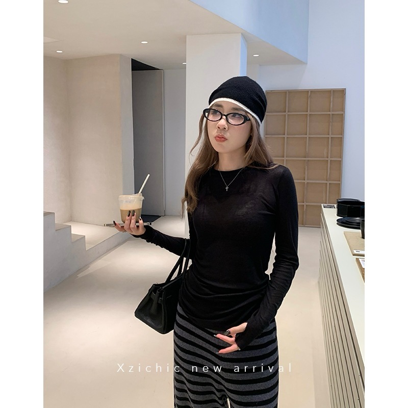 Xzichic天丝羊毛圆领打底衫女长袖T恤女2024秋季上衣亲肤基础款|undefined