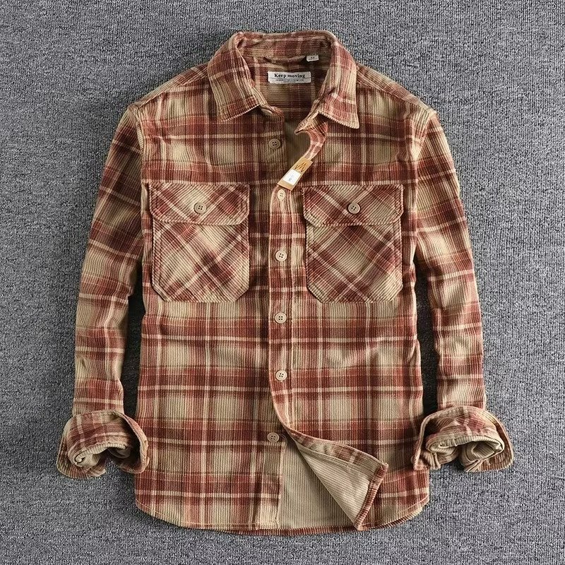 Cross-Border American Khaki Retro Spring and Autumn Men's Classic Plaid Long-Sleeved Shirt Washed Corduroy Comfortable Literary Trend Cross-Border American Khaki Retro Spring and Autumn Men's Classic Plaid Long-Sleeved Shirt Washed Corduroy Comfortable Literary Trend
