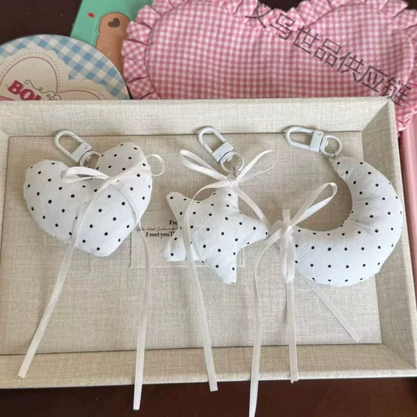 Korean-Style Fresh and Simple Black and White Polka Dot Moon Heart Five-Pointed Star Ribbon Keychain Backpack Pendant Versatile Accessory