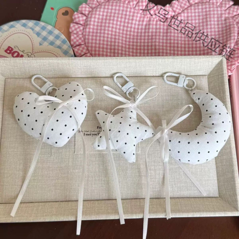 Korean-Style Fresh and Simple Black and White Polka Dot Moon Heart Five-Pointed Star Ribbon Keychain Backpack Pendant Versatile Accessory Korean-Style Fresh and Simple Black and White Polka Dot Moon Heart Five-Pointed Star Ribbon Keychain Backpack Pendant Versatile Accessory