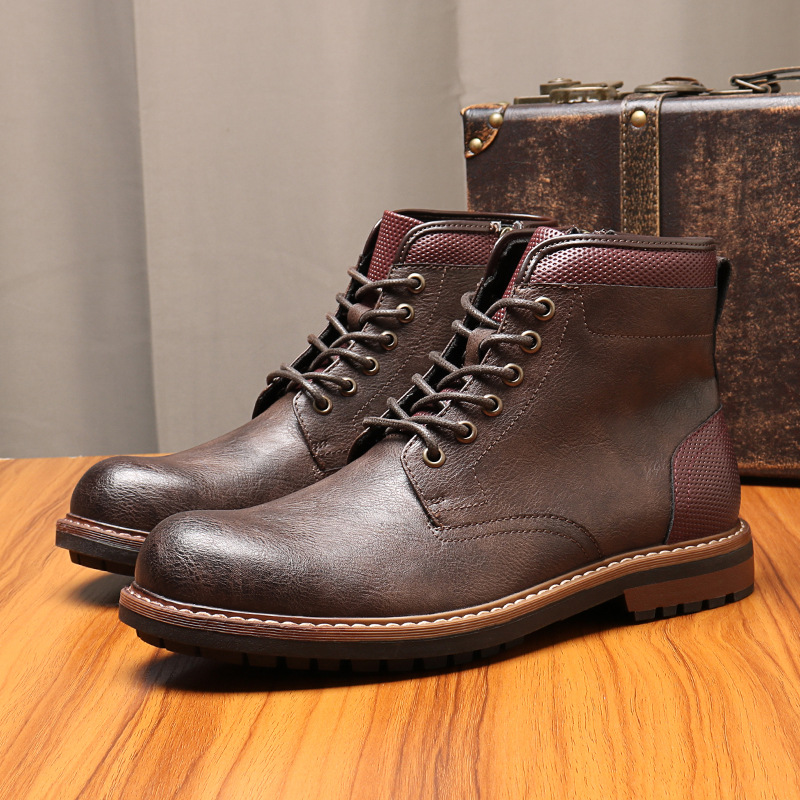 Men's lace-up boots British style retro side zip ankle boots_voghion.com