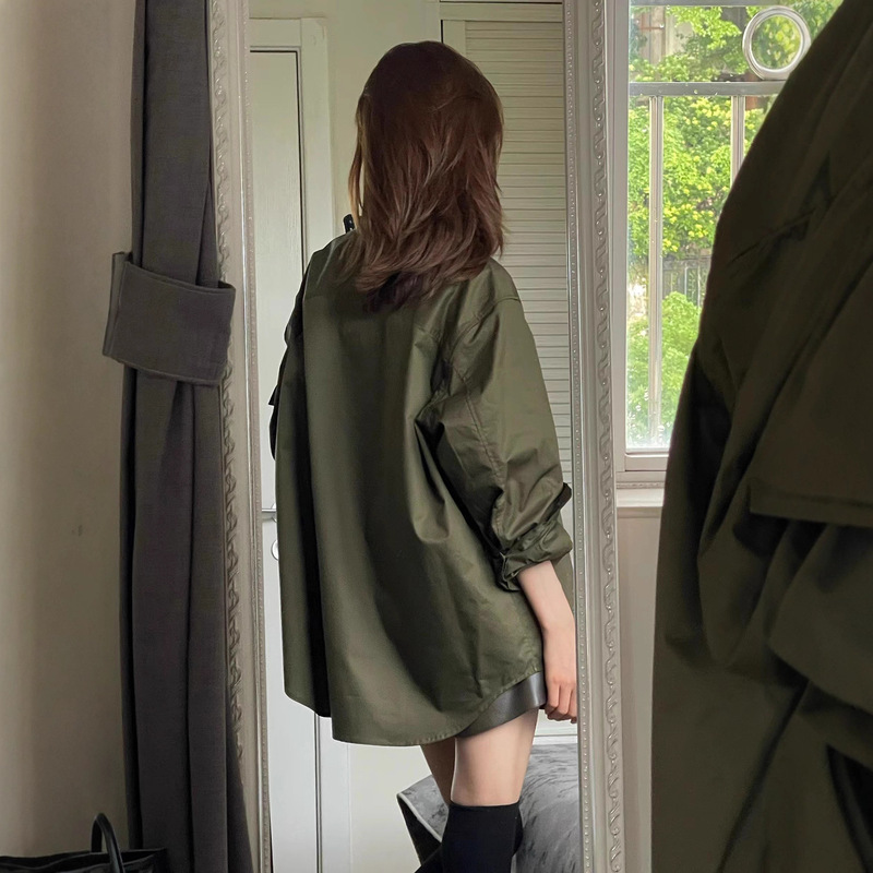 春秋新款韩版复古军绿色长袖衬衫女宽松慵懒风设计感休闲减龄上衣|undefined