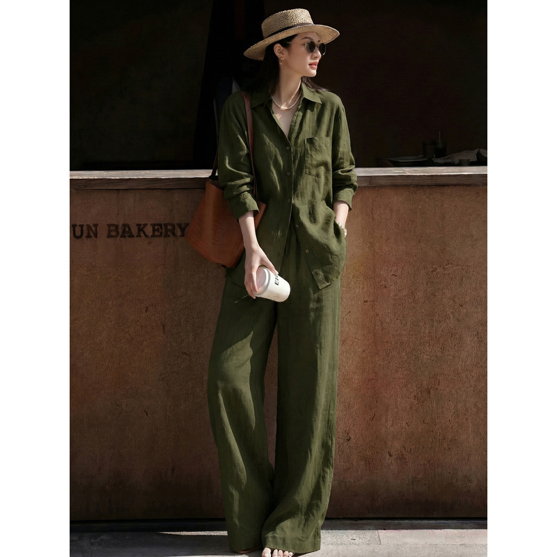 Old Money Style High-End Outfit, Spring and Summer Casual Sportswear, Green Retro Lazy Style Shirt, Complete Set