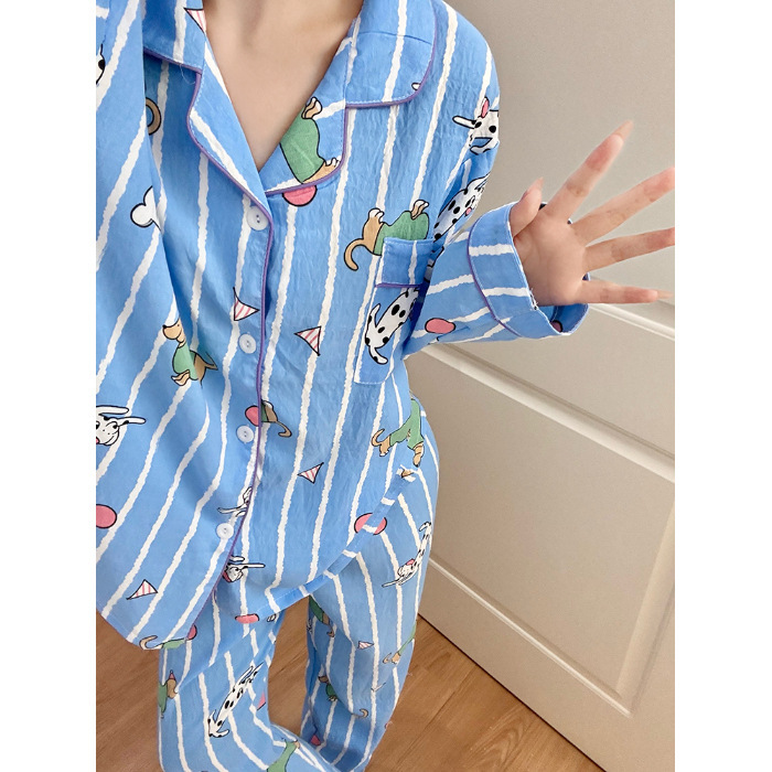 云朵棉韩版睡衣女春秋夏季长袖长裤套装卡通小新翻领薄款家居服女|undefined