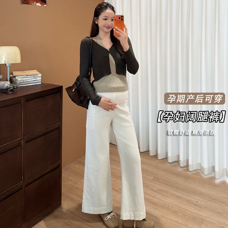 White maternity jeans, 2026 new Korean style, with side pockets, slightly flared legs, high waist, drawstring, and designed for wearing as outerwear White maternity jeans, 2026 new Korean style, with side pockets, slightly flared legs, high waist, drawstring, and designed for wearing as outerwear