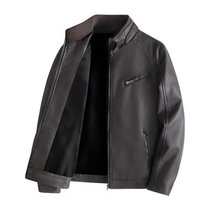2024 New Men's Leather Jacket Pu Leather Autumn Winter Korean Style Trendy Stand Collar Biker Work Jacket Thin