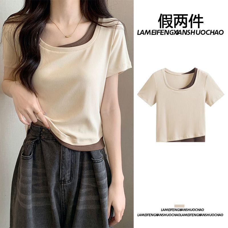 Camiseta de manga corta para mujer verano 2024 falso diseño de nicho de dos piezas, todo fósforo, estilo puro, delgado, top corto, delgado, delgado